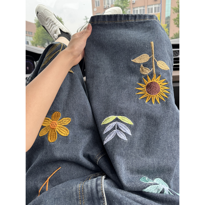 Unisex Korean Style Y2K Floral - Embroidery Jeans ulasan dan harga