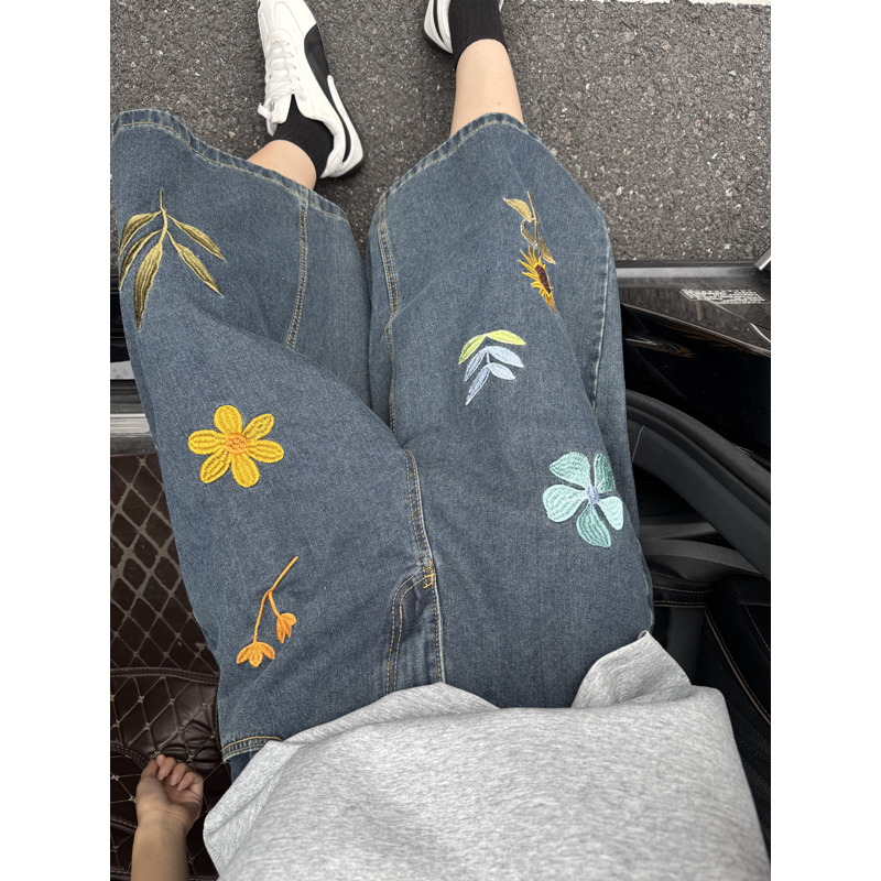 Unisex Korean Style Y2K Floral - Embroidery Jeans ulasan dan harga