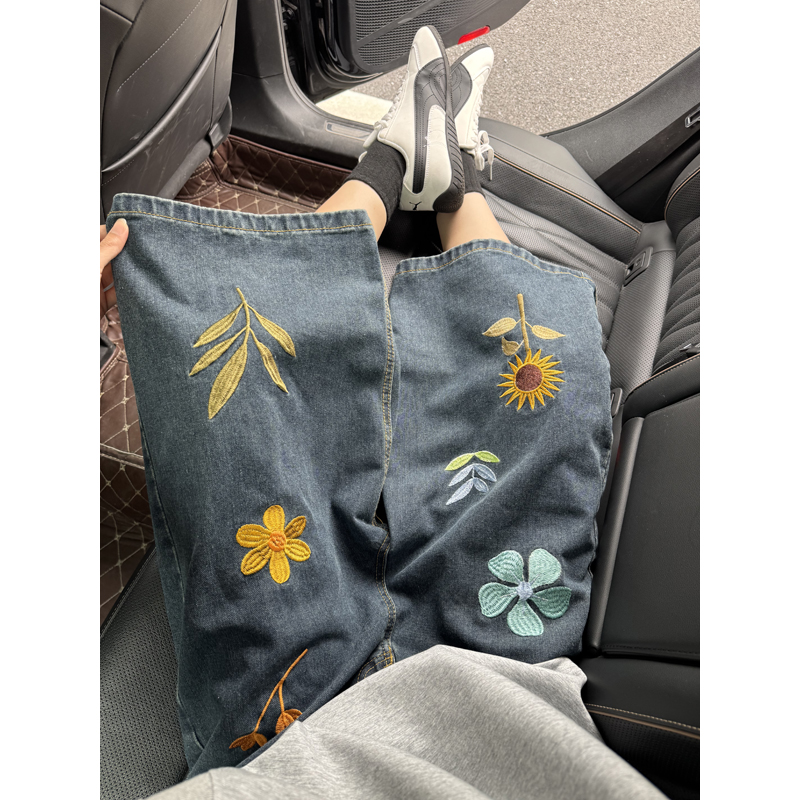 Unisex Korean Style Y2K Floral - Embroidery Jeans ulasan dan harga