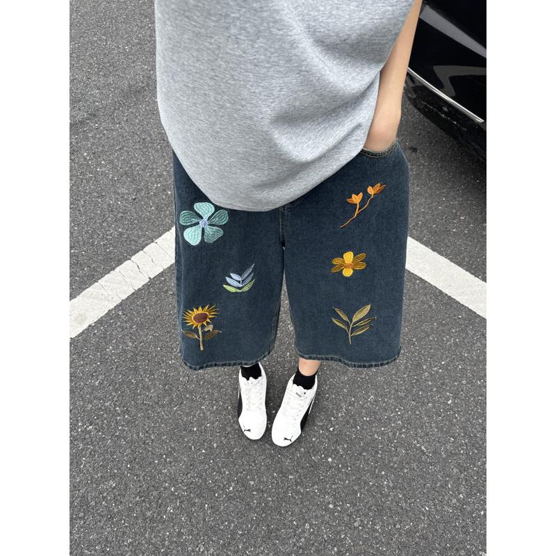 Unisex Korean Style Y2K Floral - Embroidery Jeans ulasan dan harga
