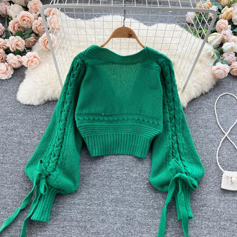 Green Casual Acrylic Knit V-Ne - Embroidery Online ulasan dan harga