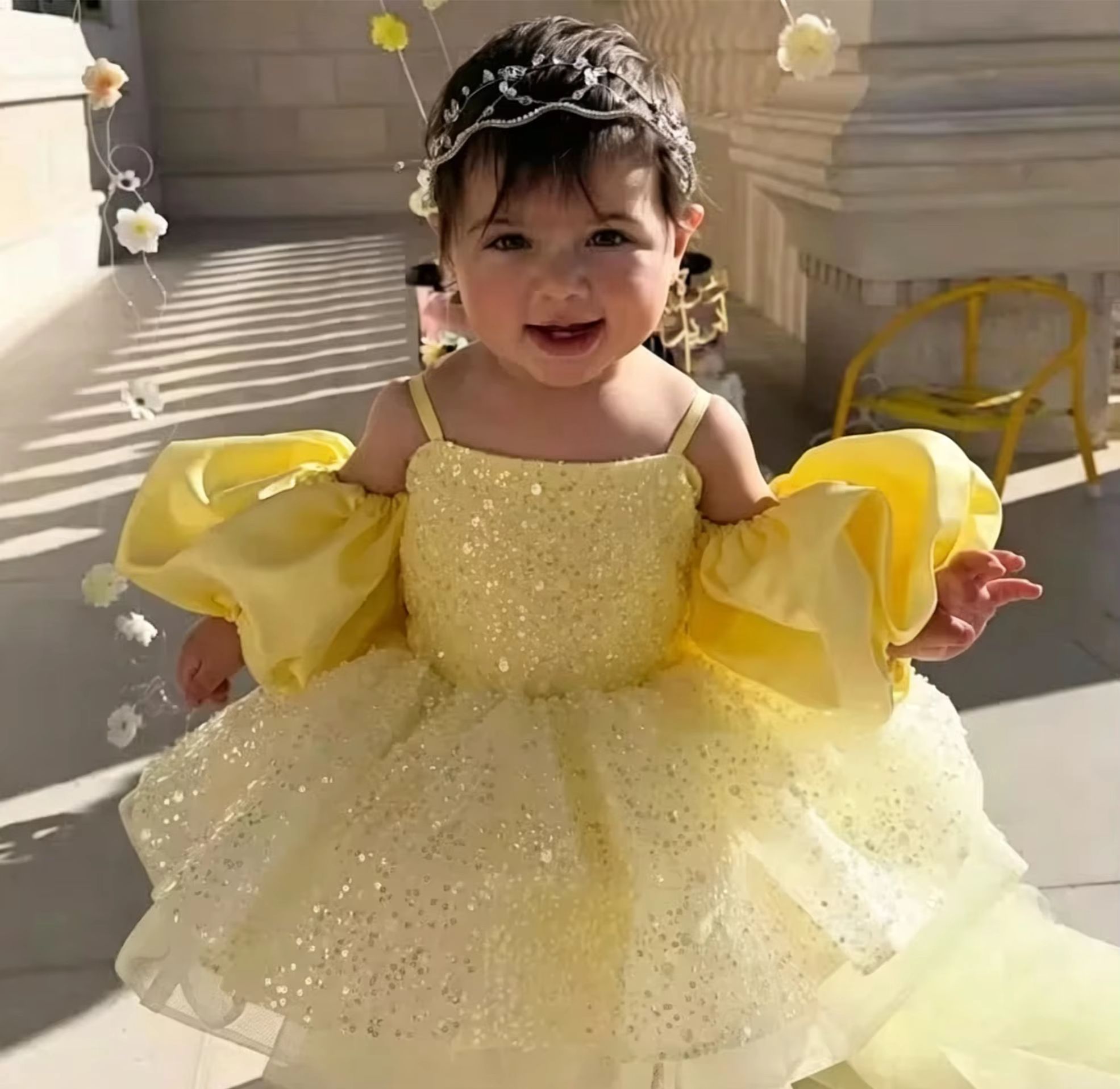 Cute Yellow Flower Girl Dresse - Embroidery Yellow Flower ulasan dan harga