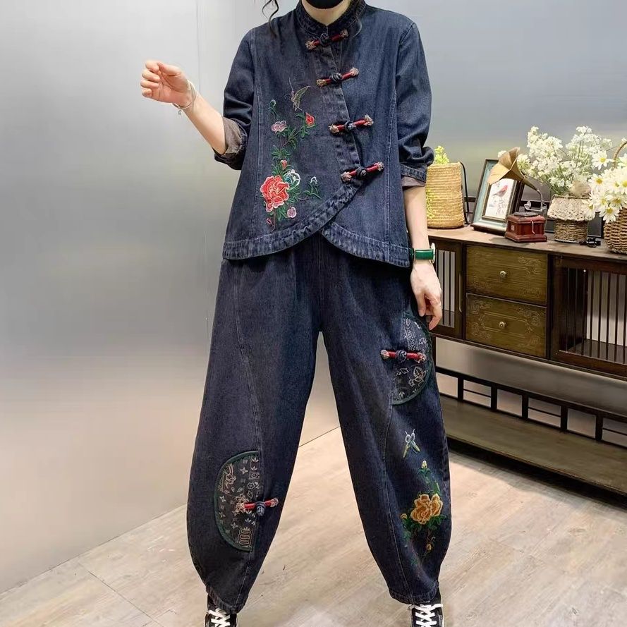 Vintage Button Loose Embroider - Embroidery Jeans ulasan dan harga