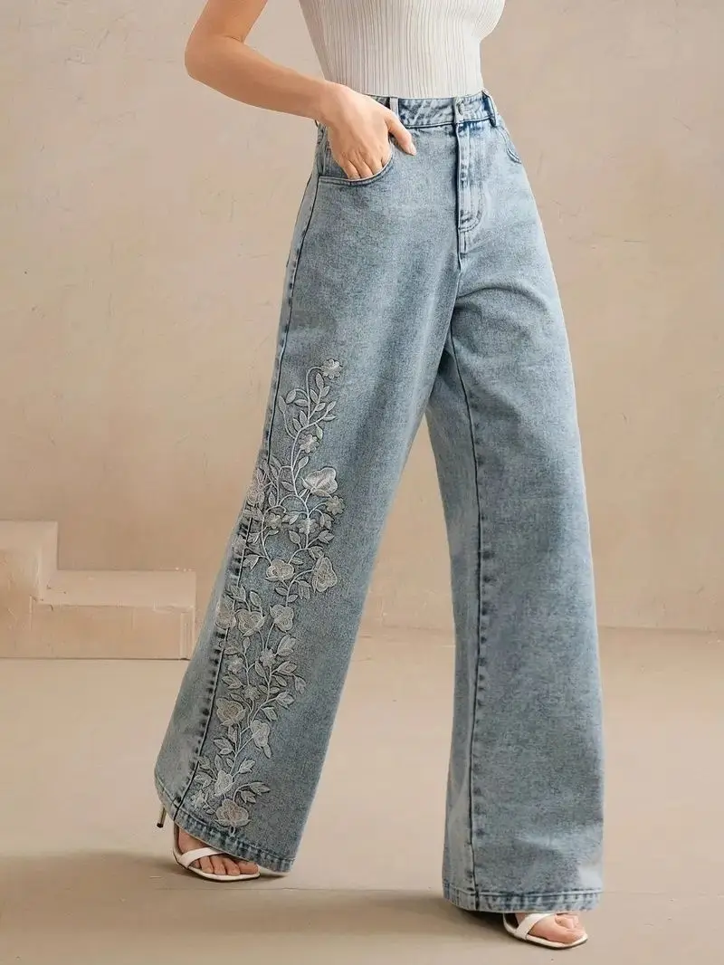 Women's Plus Size Y2K Straight - Embroidery Jeans ulasan dan harga