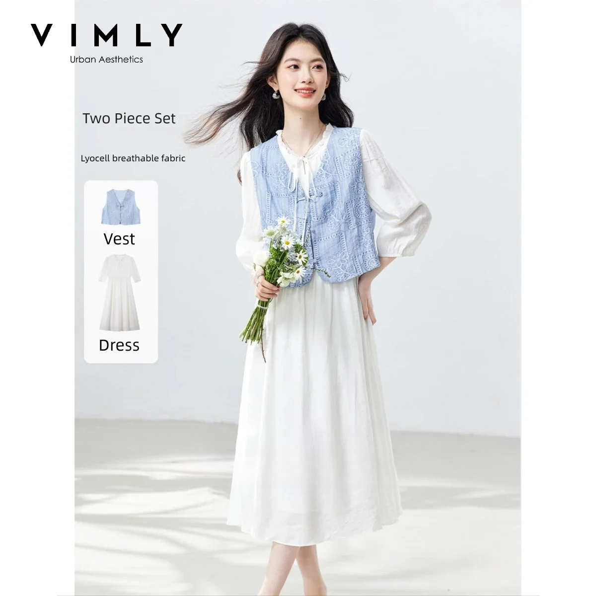 VIMLY Women's Two Piece Set Ca - Embroidery Vest ulasan dan harga