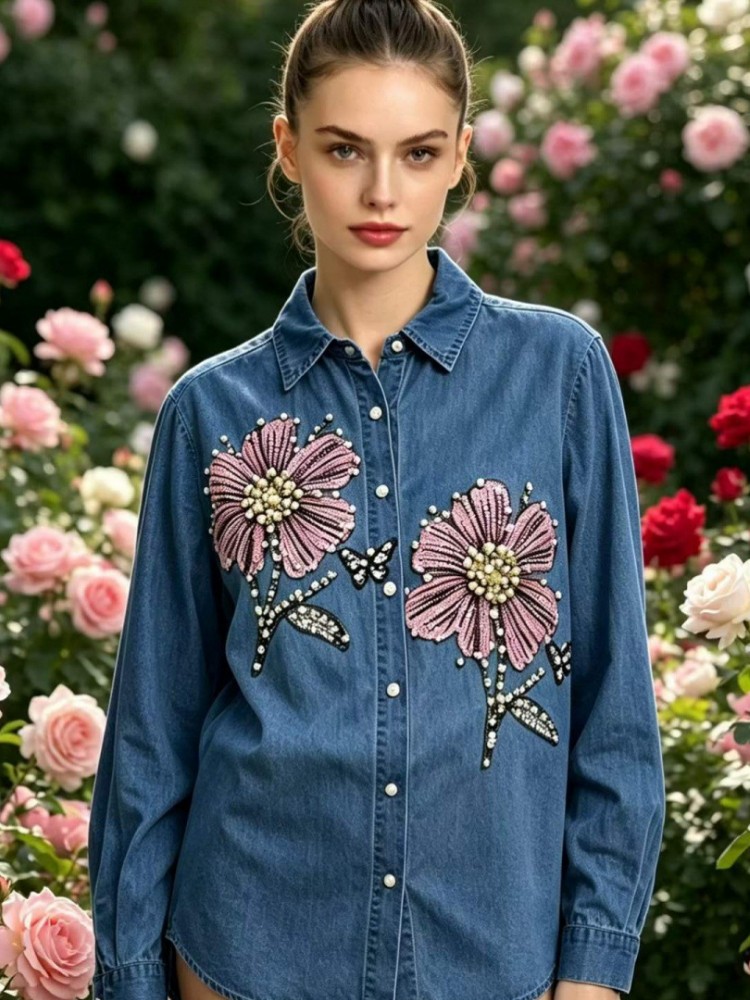 Women Denim Embroidery Blouses - Embroidery Shirt ulasan dan harga