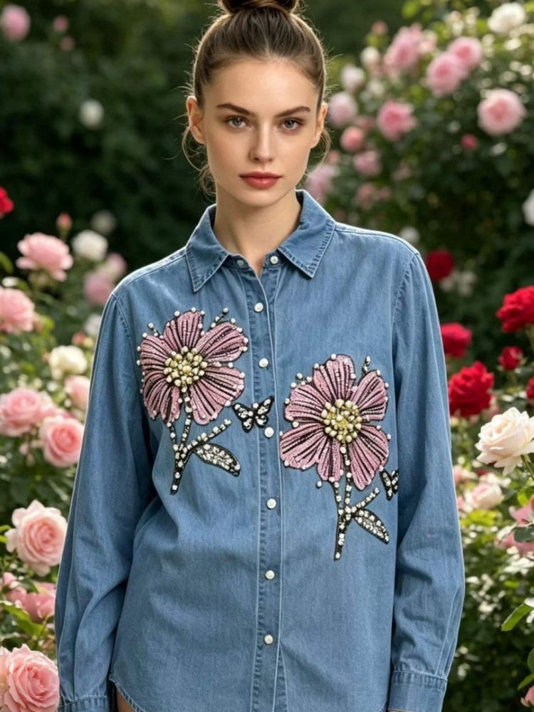 Women Denim Embroidery Blouses - Embroidery Shirt ulasan dan harga