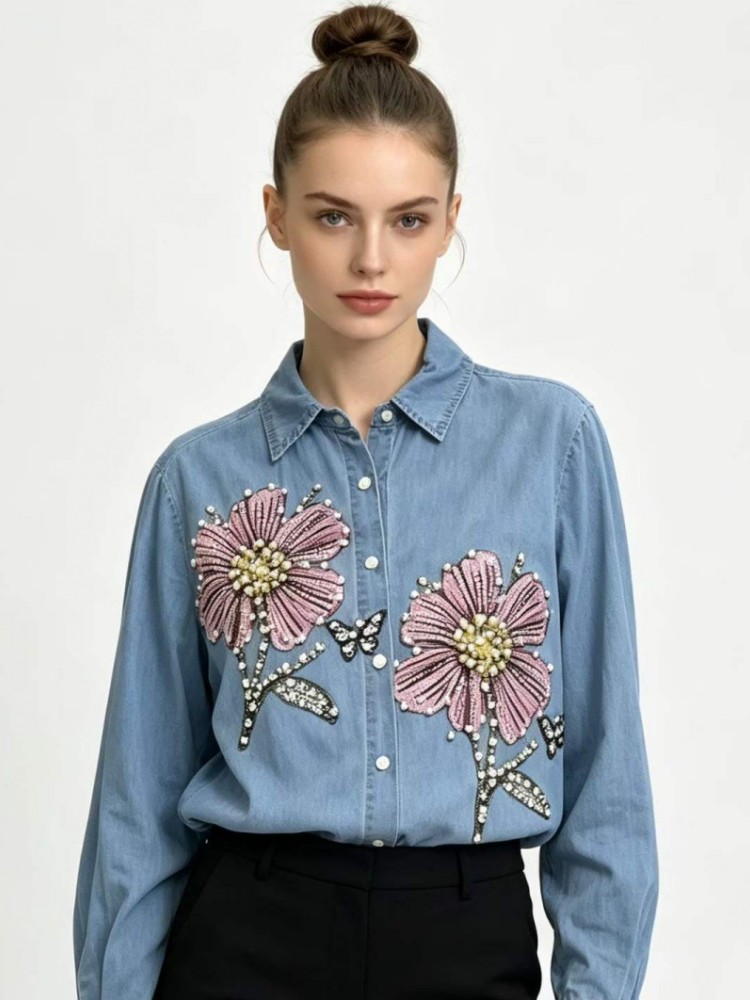 Women Denim Embroidery Blouses - Embroidery Shirt ulasan dan harga