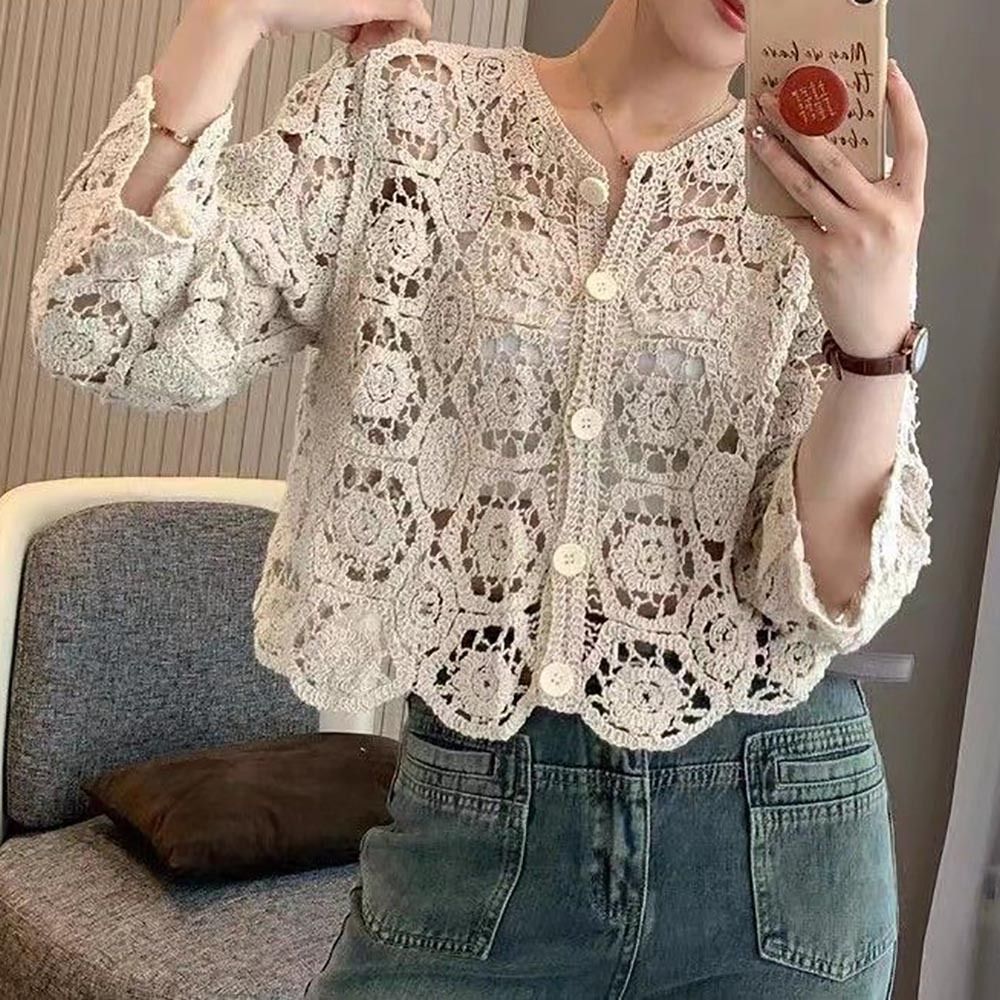 Fashion 3/4 Sleeves Knitted Sh - Embroidery Online ulasan dan harga